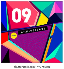 9 years greeting card anniversary with colorful number and frame. Memphis style cover and design template