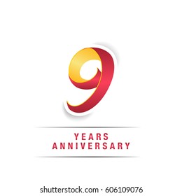 9 Years Red and Yellow  Anniversary  Logo Celebration Isolated on White Background