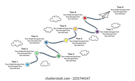 9 Years timeline infographic template. Aeroplane roadmap infographic design. Can be used for business presentation or any purposes. Can edit to your own texts. Vector EPS10 