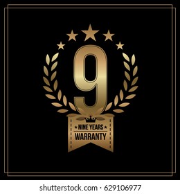 9 Years Warranty background with gold ribbon and olive branch on white. Poster, label, badge or brochure template. Vector illustration