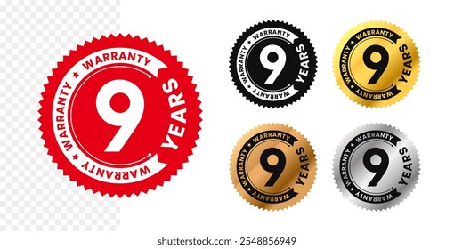 9 años de Garantía. Nueve años de Garantía con texto circular. Rojo, negro, oro, plata, bronce color premium. Para la etiqueta engomada, etiqueta, insignia, icono, muestra, emblema, sello, logotipo, sello, símbolo. Vector