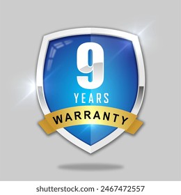 9 years warranty shield label icon badge design. blue and silver color. vector illustration eps 10