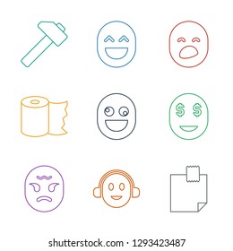 9 yellow icons. Trendy yellow icons white background. Included line icons such as glued note, emoji, angry emoji, dollar smiley, crazy emot, paper towel. yellow icon for web and mobile.
