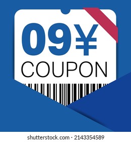 9 Yen Coupon promotion sale for a website, internet ads, social media gift 9 Yuan off discount voucher. Big sale and super sale coupon discount. Price Tag Mega Coupon discount vector illustration.