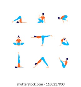 9 Yoga Poses and Asanas, vector illustration.