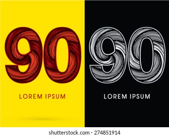 90 ,Abstract Number , font, concept  Spin, designed using red,black and white, grunge brush, sign.