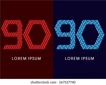 90 ,Abstract Number, font, designed using red and blue geometric shape on dark background, graphic, vector.
