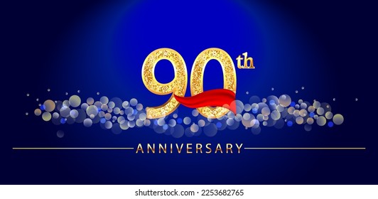 90 anniversary celebration. 90th anniversary celebration. 90 year anniversary celebration logo with glitter, confetti, red ribbon and blue background.