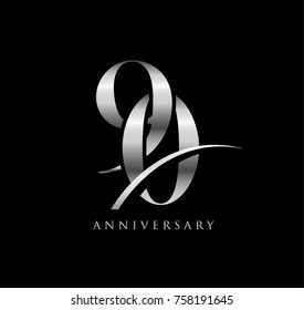 90 anniversary elegance silver chrome logo. linked number with swoosh on black background