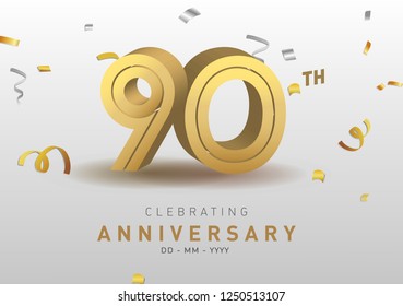 90 Anniversary gold numbers with golden confetti. Celebration 90th anniversary event party template.