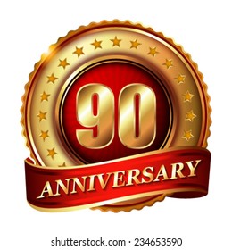 90 Anniversary golden label with ribbon. Vector illustration.