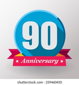 90 Anniversary label with ribbon. Flat design.