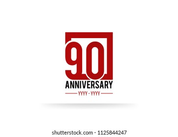 90 Anniversary logotype, simple red colored font number inside square isolated on white background