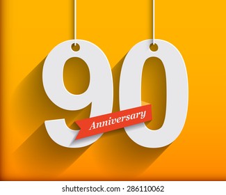90 Anniversary numbers with ribbon. Flat origami style with long shadow. Vector illustration