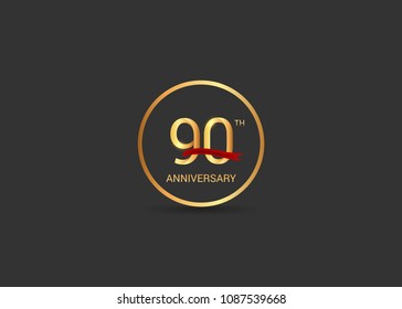 90 anniversary vector design golden color with ring and red ribbon isolated on black background
