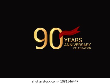 90 anniversary vector design golden colored with red ribbon isolated on black background