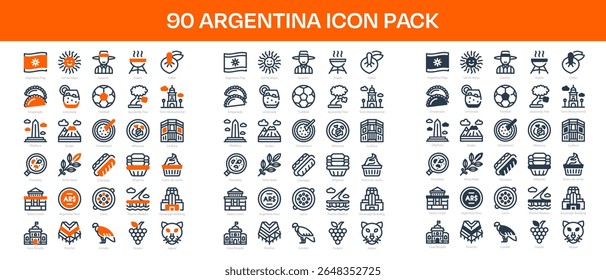 90 Ícones Argentina em 3 Estilos (Linha, Sólido, Dois Tons), Apresentando Andes, Casa Rosada, Dulce de Leche, e Mais - Ilustrações de vetor