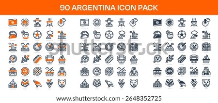 90 Argentina Icons in 3 Styles (Line, Solid, Two-Tone), Featuring Andes, Casa Rosada, Dulce de Leche, and More – Vector Illustrations