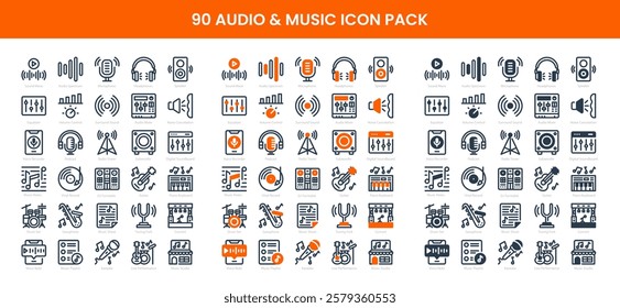 90 Audio Music Icons in 3 Styles (Line, Solid, Two-Tone), Featuring Audio Mixer, Concert, Digital Soundboard, and More – Vector Illustrations