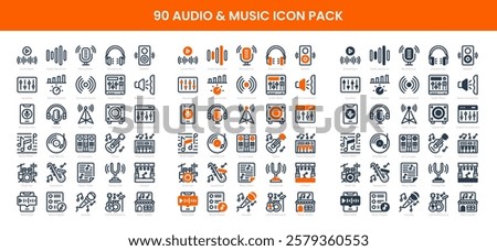 90 Audio Music Icons in 3 Styles (Line, Solid, Two-Tone), Featuring Audio Mixer, Concert, Digital Soundboard, and More – Vector Illustrations