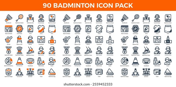 90 Badminton Icons in 3 Styles (Line, Solid, Two-Tone), Featuring Badminton Trophy, Coach, Commentator, and More – Vector Illustrations