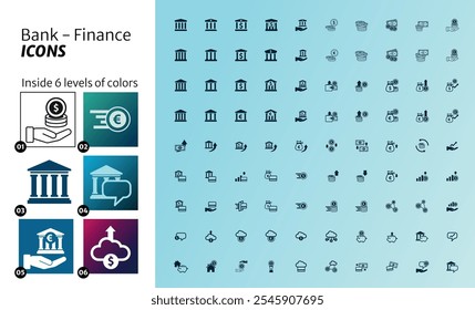 Icono de 90 bancos y finanzas, en 6 colores diferentes en el interior