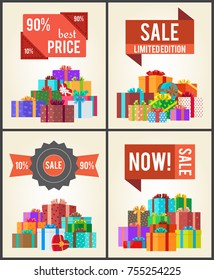 90% best price limited edition total sale shop now set of posters with advertisement labels and mountains of gift boxes vector isolated on white