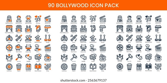 90 Bollywood Icons in 3 Styles (Line, Solid, Two-Tone), Featuring Bollywood Actor, Gateway of India, Indian Wedding Scene, and More – Vector Illustrations