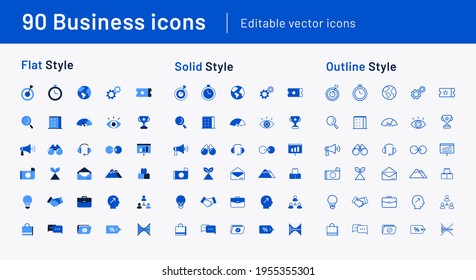 90 Business Icons - Flat, Solid And Outline Style