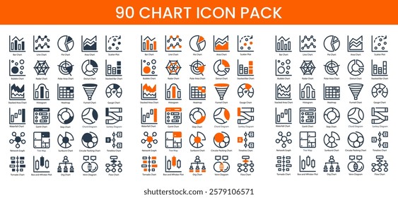 90 Chart Icons in 3 Styles (Line, Solid, Two-Tone), Featuring Org Chart, Area Chart, Bar Chart, and More – Vector Illustrations