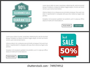 90% clearance and hot sale 50%, websites with stickers and informational text put beside, buttons saying read more and buy now on vector illustration