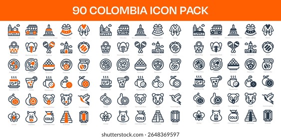 90 Colombia Icons in 3 Styles (Line, Solid, Two-Tone), Featuring Colombian Peso, El Dorado, Capybara, and More – Vector Illustrations