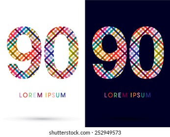 90 ,colorful font ,designed using colors line on white and black background, concept wicker,basket ,woven, ribbons,happy,fun,fantasy,logo, symbol, icon, graphic, vector.