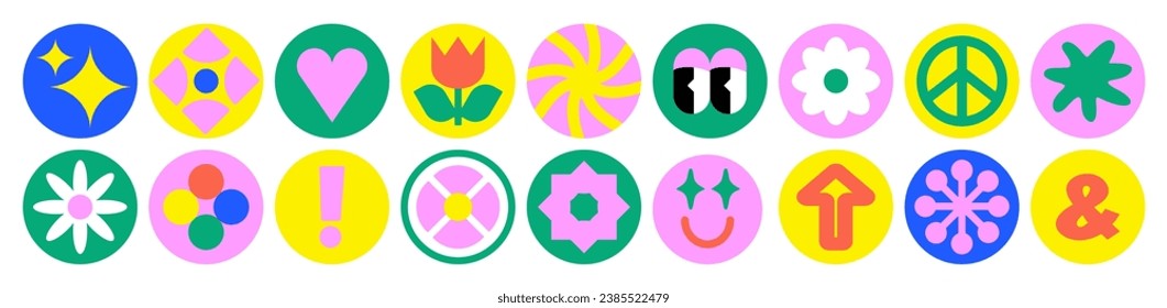 90 Cool Brutalism Stickers. Naive playful abstract shapes in a Circle. Cartoon Eyes, Arrow, Daisy, Stars, Geometric Figure. Doodle Vector Illustration for T-Shirts. Vector illustration