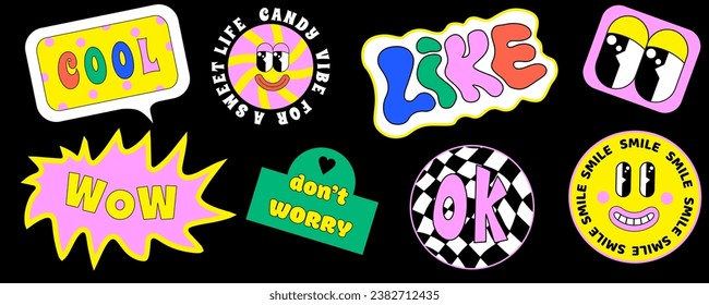 90 Cool Sticker Collage. Neon Print with Retro Millennium Style Patches. Cartoon Fun Smile Faces, y2k Style Vector Illustration. Funky art for T-Shirts, Wallpaper, Case Phone. 