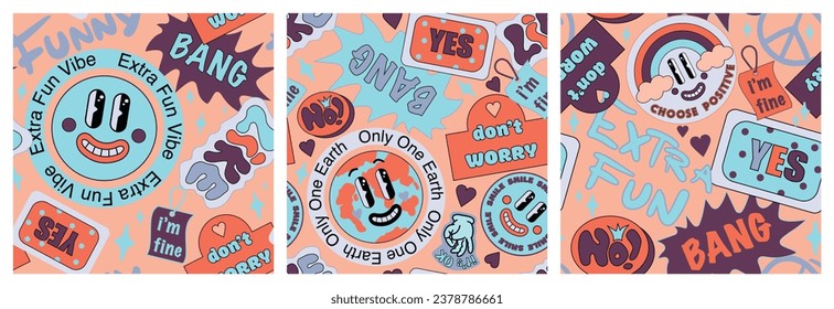 90 Conjunto de patrones de imprimencia de imprimación del collage del pegatinas frío. Impresión divertida y gruesa con parches de color retro. Caricatura Sonrisas divertidas, Ilustración vectorial de estilo y2k. El lindo fondo del milenio.
