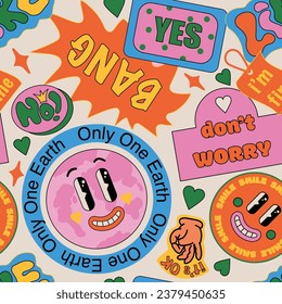 90 Cool Sticker Collage Seamless Pattern. Funny Print with Retro Millennium Style Colour Patches. Cartoon Fun Smile Faces, y2k Style Vector Illustration.