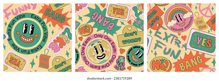 90 Cool Sticker Collage Seamless Pattern Set. Funny Neon Print with Retro Millennium Style Patches. Cartoon Fun Smile Faces, y2k Style Vector Illustration.