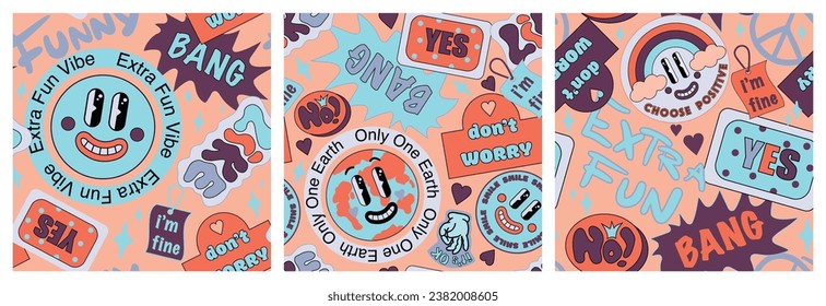 90 Cool Sticker Collage Seamless Pattern set. Funky, Groovy Print with Retro Colour Patches. Cartoon Fun Smile Faces, y2k Style Vector Illustration. Millennium cute Background.