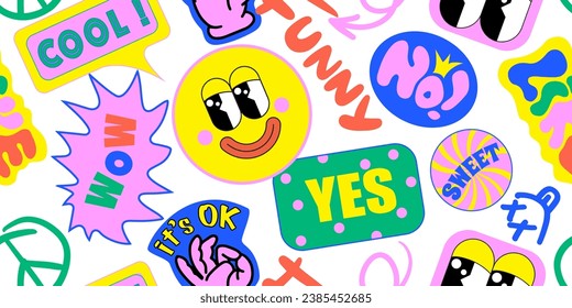 90 Cool Sticker Collage Seamless Pattern. Funky Neon Print with Millennium Style Patches. Cartoon Fun Smile Faces, Urban Typography, Y2k Style Vector Illustration. 