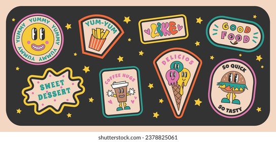 90 Cool Sticker Food Collage. Cartoon Character of Ice Cream, French Fries, Coffee Cup, Hamburger and Retro Millennium Slogan Patches. Fun Smile Faces, y2k Vector Illustration. Funky art for T-Shirts