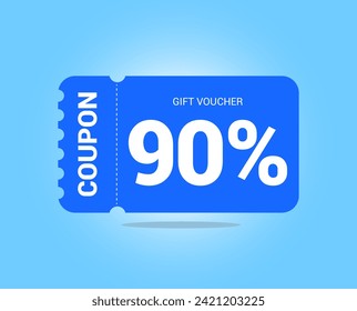 90% coupon promotion sale. Ninety percent Vector Gift Voucher. Blue discount, lucky ticket, special offer promo. Web, shopping label, percent sign. Special price offers.