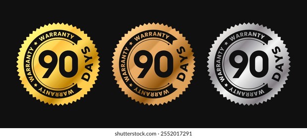 90 Days warranty icon in gold circle with circular text. Ninety months warranty label in gold, bronze, silver colors. Vector illustration