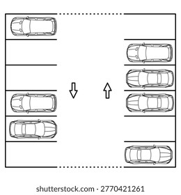 90 Degree Car Parking Layout Plan, Two Way Parking Arrangement, Top View Parking Floor Plan, Vector, Editable Stroke, Illustration