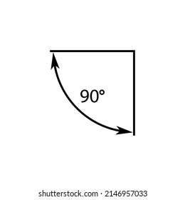 90 degrees angle vector icon. Right angle symbol with arrow. Isolated illustration on white background. 