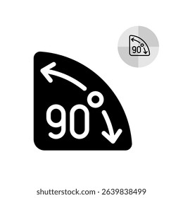 90 degrees angle vector icon with round sector arrow. Symbol of geometry right angle