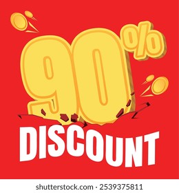 90% discount badge in gold coin style, set against a bold red background with crack and shake effects, creating an eye-catching, energetic look for promotions.