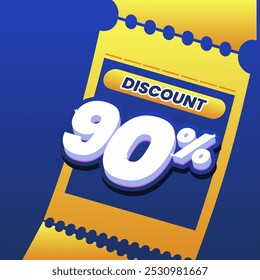 90% discount coupon design with 3D text on a dynamic blue and yellow background. Perfect for promoting special offers and sales events.