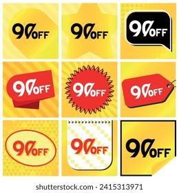 90% Rabatt Labels Set, 9 Variationen - Ball Star in Streifen, Sprachblase, Coupon, Starburst Stempel, Preis-Tag, Oval, Kalender, Aufkleber. gelber orangefarbener Hintergrund