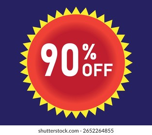 90% de desconto. Desconto em suas vendas. Porcentagem em branco dentro de um círculo vermelho com elementos gráficos amarelos ao redor. Fundo azul.